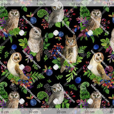 Совы, папоротник и ягоды на чёрном by Helen Gloss 441 DPI