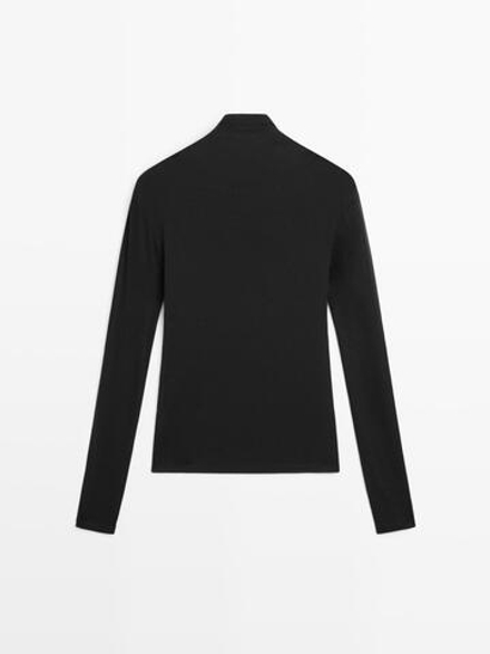 Massimo Dutti Футболка из смеси лиоцелла и шерсти с длинными рукавами, черный