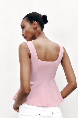 ZARA ЭЛАСТИЧНЫЙ ТОП-ЖИЛЕТ С БАСКОЙ, РОЗОВЫЙ