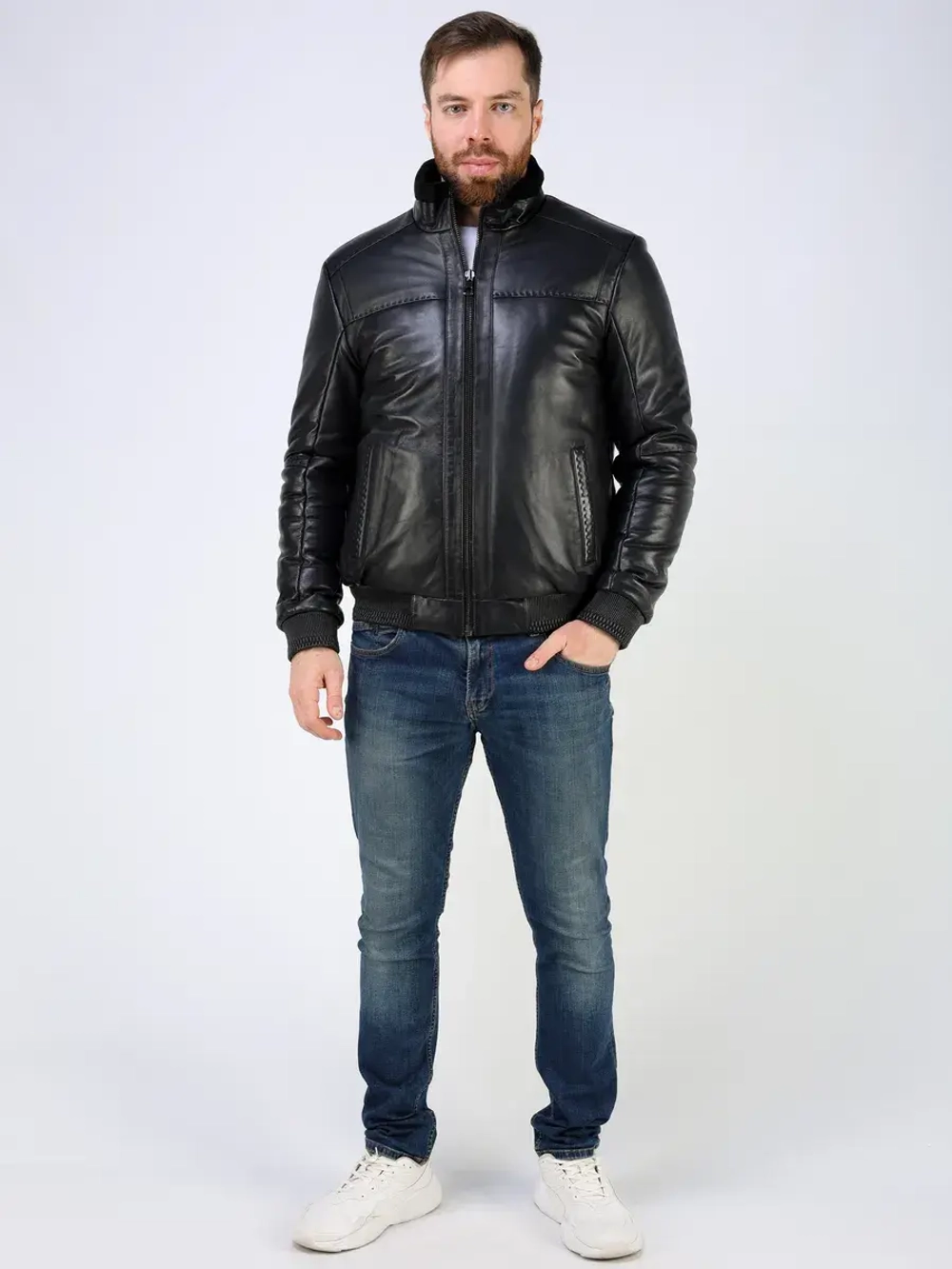 Куртка пуховик из натуральной кожи утепленная короткая