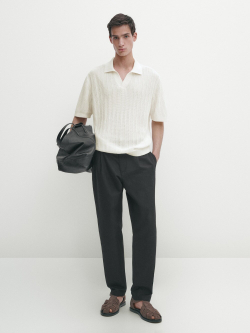 Massimo Dutti Поло в рубчик с короткими рукавами, натуральный, кремовый