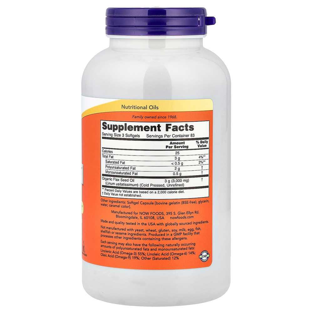 NOW Foods, Льняное масло с незаменимыми жирными кислотами омега-3, 1000 мг, 250 мягких желатиновых капсул