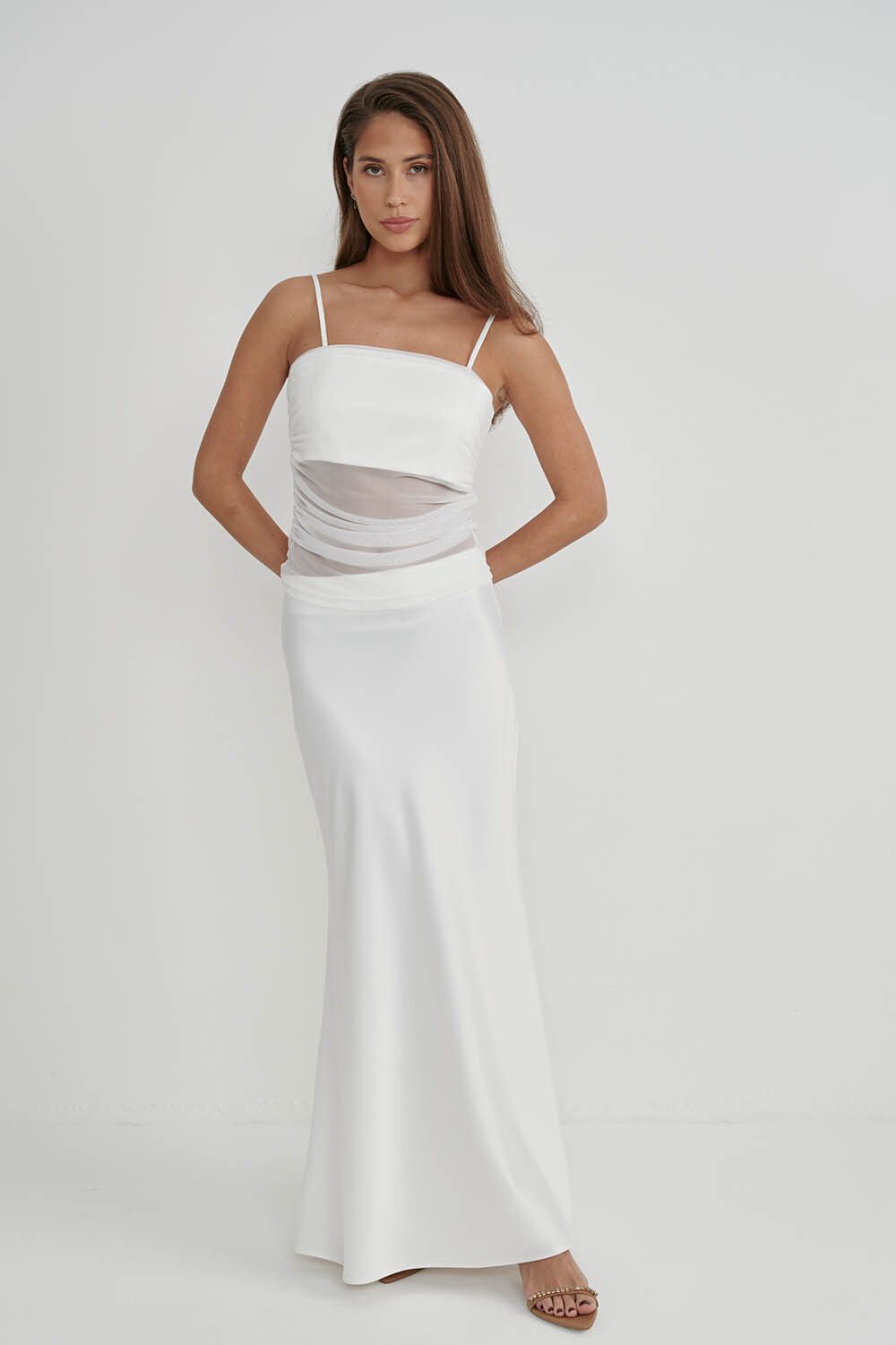 Топ из атласа с сеткой  кремового цвета