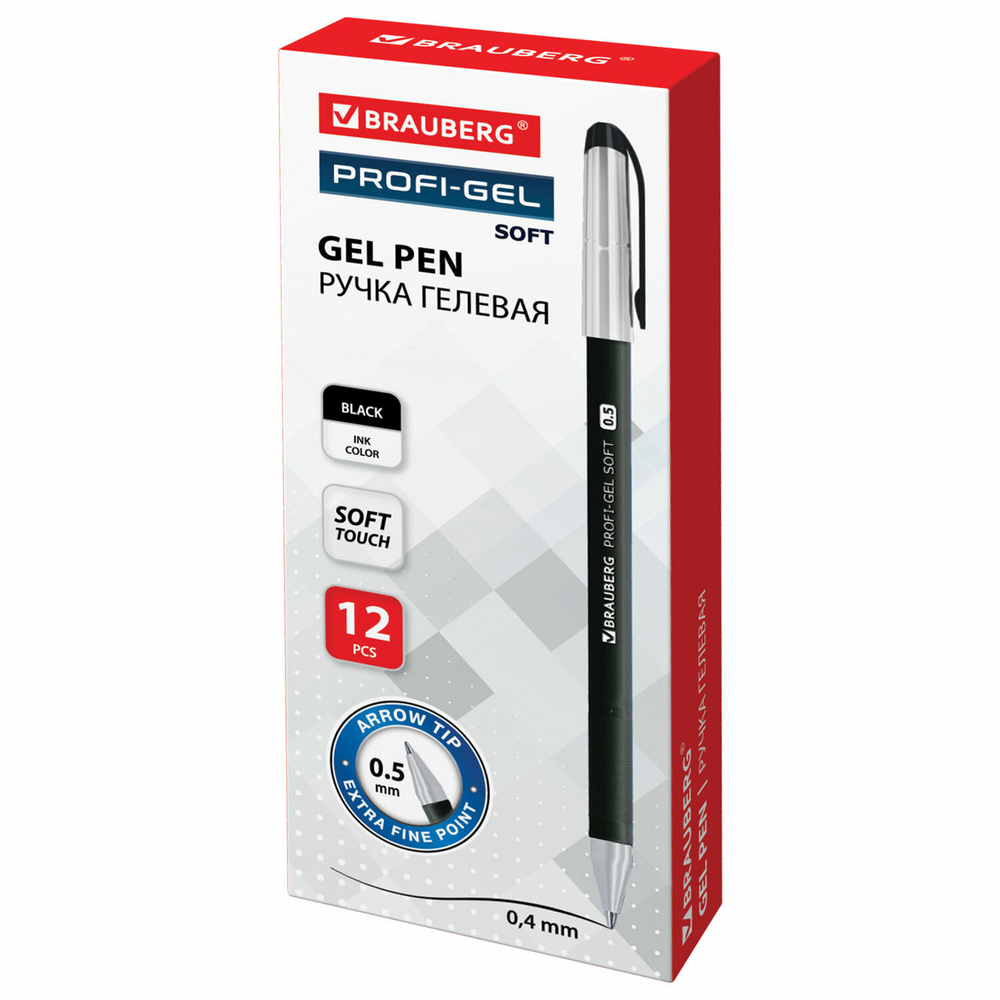 Ручка гелевая BRAUBERG "Profi-Gel SOFT", ЧЕРНАЯ, линия письма 0,4 мм, стандартный наконечник 0,5 мм, прорезиненный корпус SOFT-TOUCH, 144129