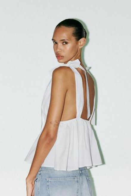 ZARA ТОП ИЗ ПОПЛИНА С БАНТАМИ, БЕЛЫЙ