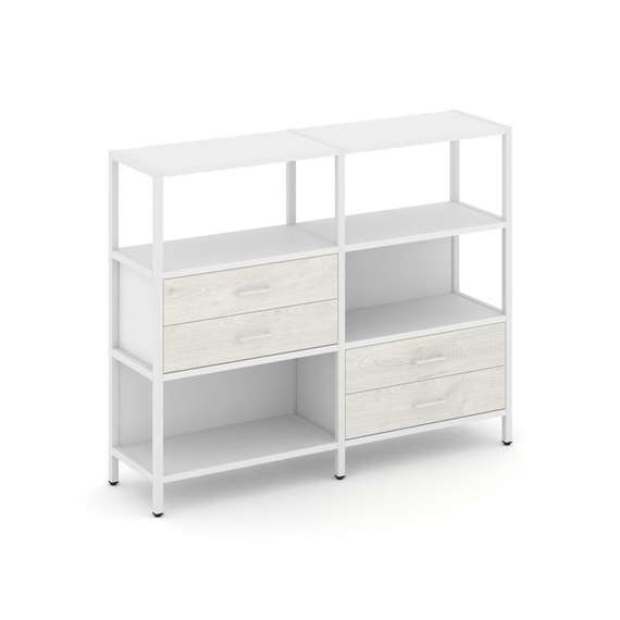 Shelf System Двухсекционный стеллаж трехярусный с ящиками SN.STM-323 Белый/Дуб Наварра/Металл Белый