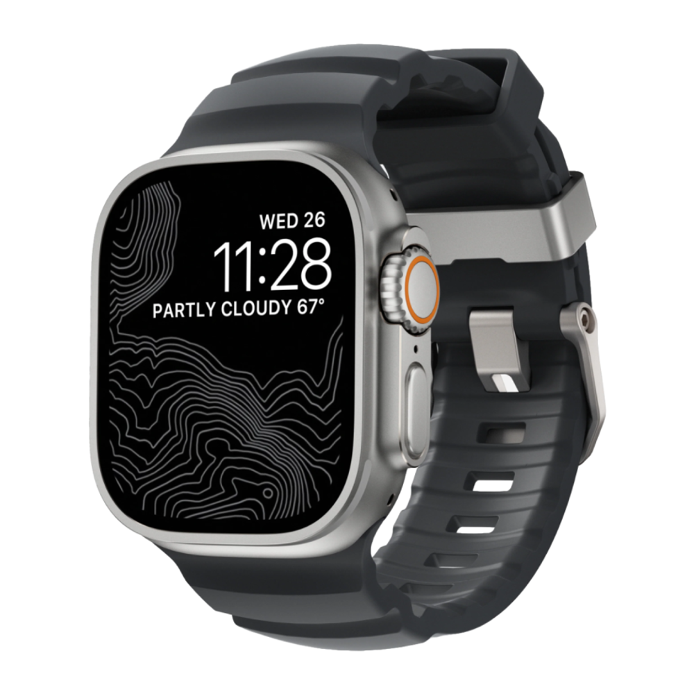 Спортивный ремешок Nomad Rocky Point Band для Apple Watch 44, 45, 46 мм и Ultra 2–3 Водостойкий ремешок из фторэластомера с классической застёжкой из титана 5-го класса. На запястье обхватом 145–195 мм