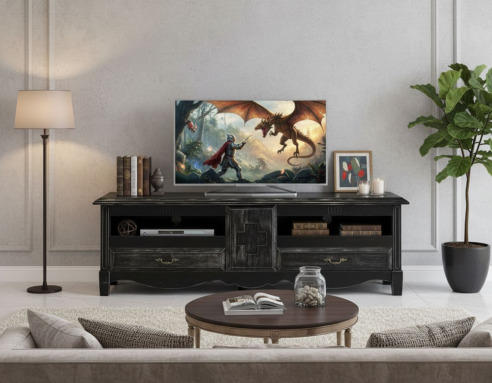 Тумба под телевизор 180х49х56, Эден, в премиальном исполнении, под ТВ, массив сосны, цвет состаренный черный, MAKOSA
