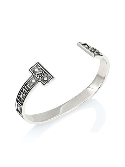 Браслет скандинавский жёсткий с руническими ставами рунами из серебра вид 8