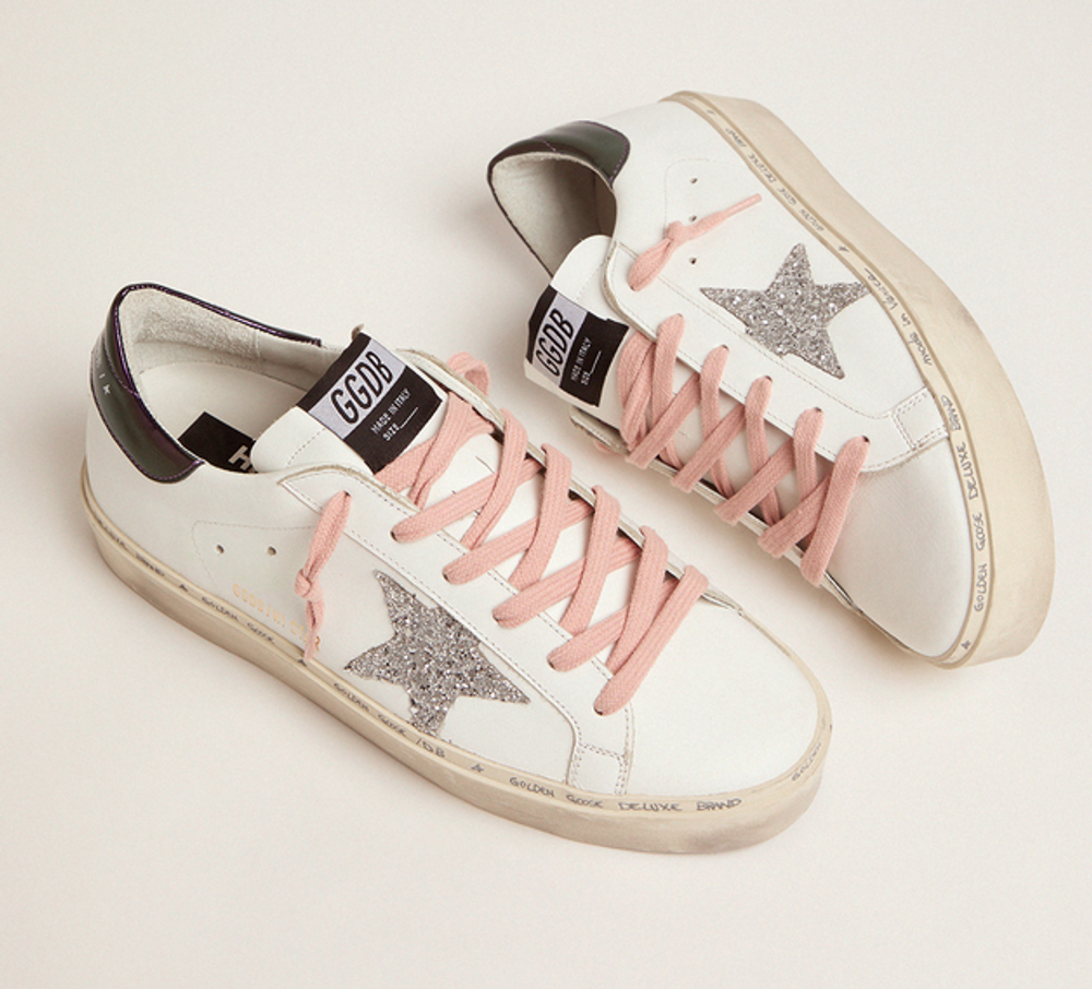 Кеды Golden Goose 'Superstar' 'White Hi-Star sneakers with glittery star and pink laces