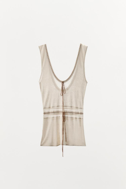ZARA ТРИКОТАЖНЫЙ ТОП С КОНТРАСТНОЙ ОТДЕЛКОЙ, БЕЖЕВЫЙ