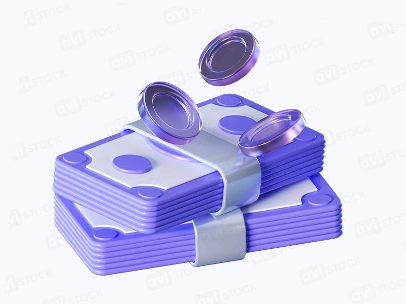 3D иллюстрации пачки купюр c монетами