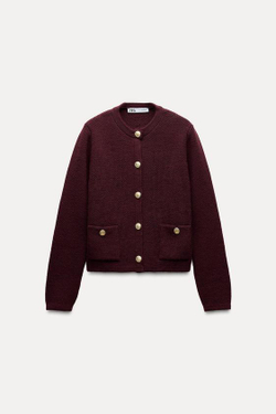 ZARA КАРДИГАН С ЗОЛОТИСТЫМИ ПУГОВИЦАМИ, ГРАНАТОВЫЙ
