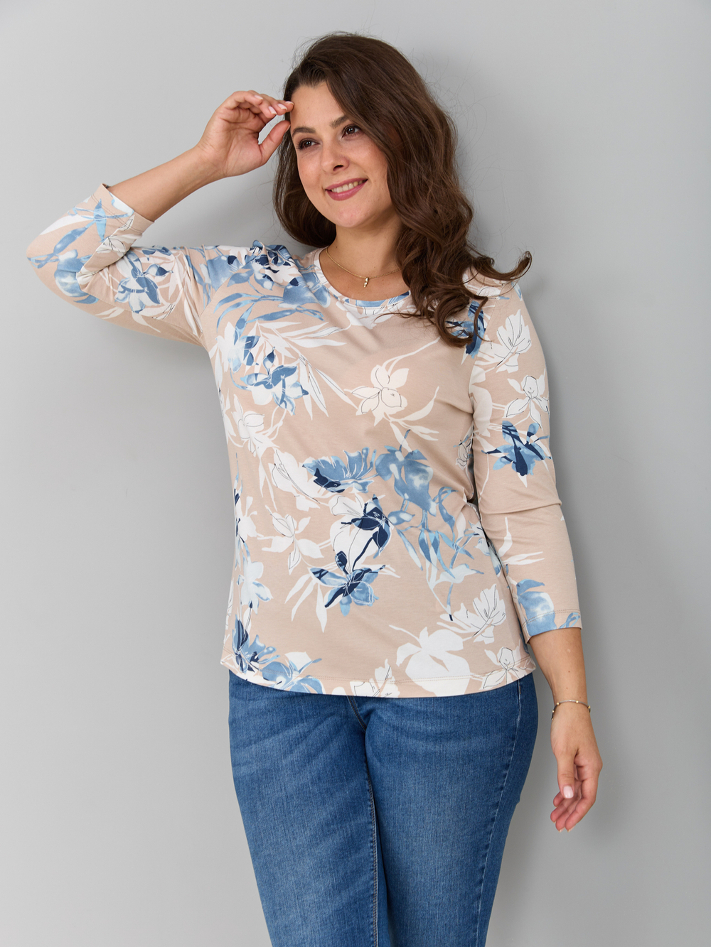 Лонгслив ЛНв-306/бежевый-индигоцветы