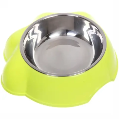 Миска пластиковая с металлической чашкой «Лапка» 21*6,5см цвет зеленый / 350 и 450мл