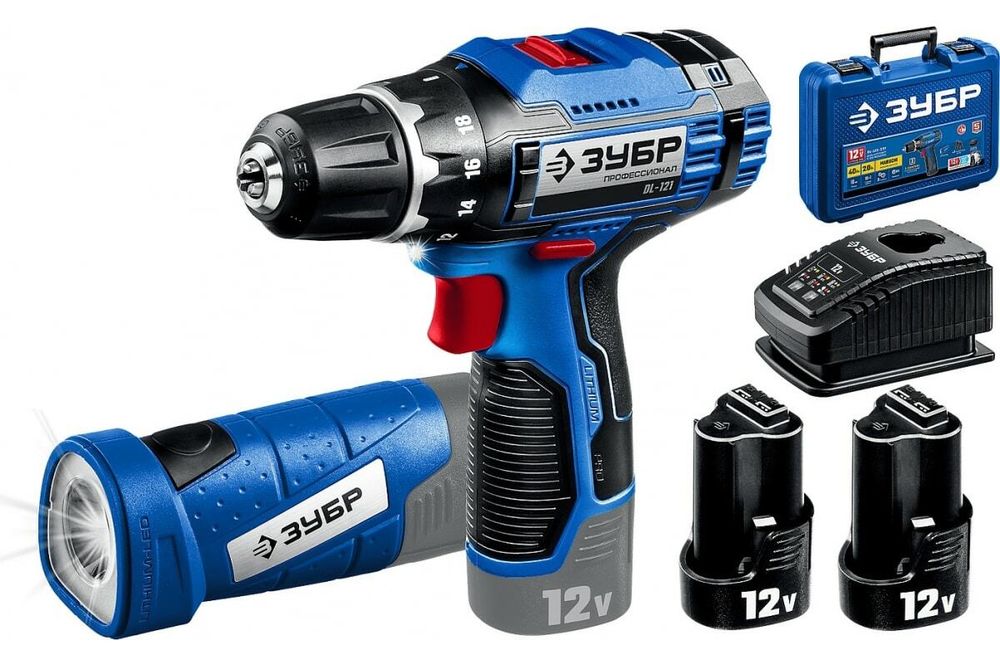 Дрель-шуруповерт + фонарь T7 12 В 2 Ач кейс 2 акк DL-12122F  Профессионал