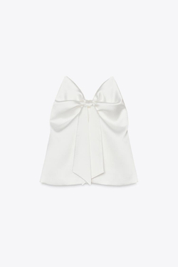 ZARA ТОП С БАНТОМ И САТИНИРОВАННОЙ ОТДЕЛКОЙ, БЕЛЫЙ