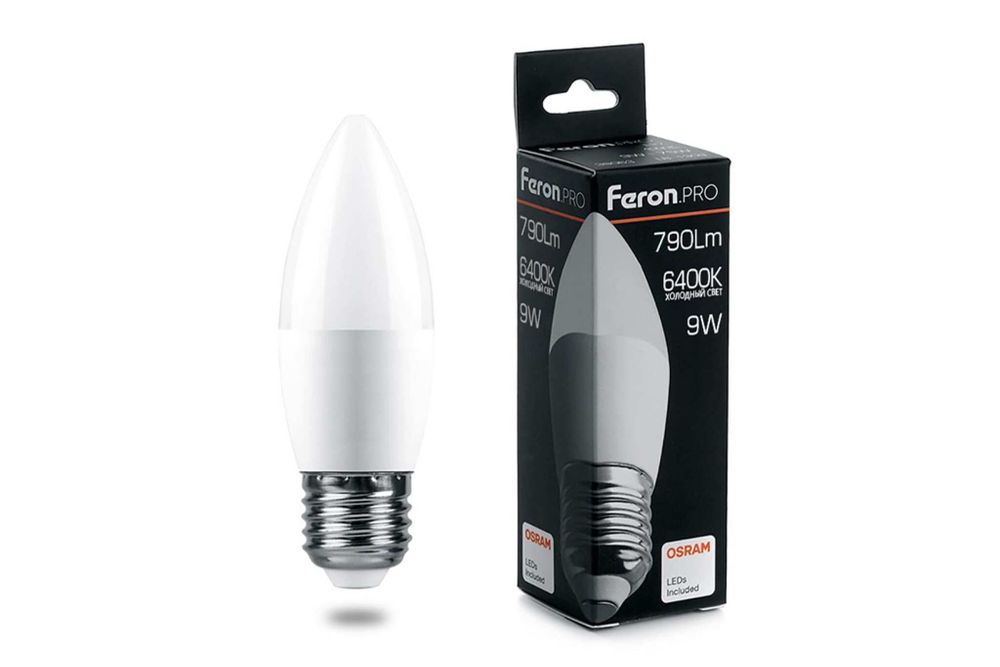 Светодиодная лампа FERON PRO LB-1309 Свеча E27 9W 6400K OSRAM LED 38064