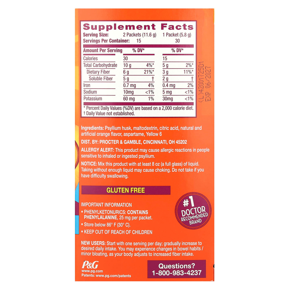 Metamucil, On-The-Go, 4 в 1 клетчатка, апельсин, без сахара, 30 пакетиков с порошком по 5,8 г (0,21 унции)