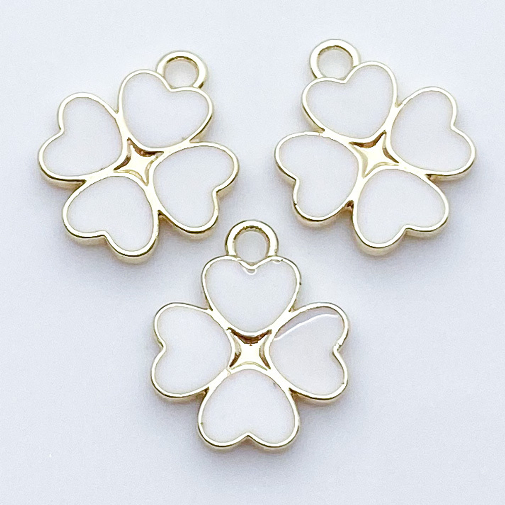 Подвеска Клевер, цвет золото+белый, размер 14*12 мм, цена за 1 шт