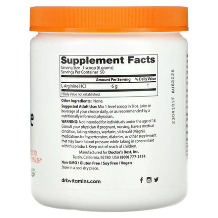Doctor's Best, Чистый порошок L-аргинина, 10,6 унций (300 г)