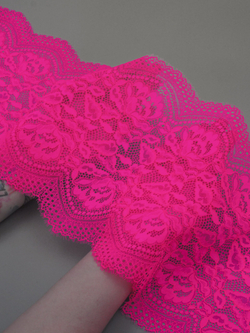 Кружево шантильи эластичное розовое неоновое ширина 21 см ОТРЕЗЫ