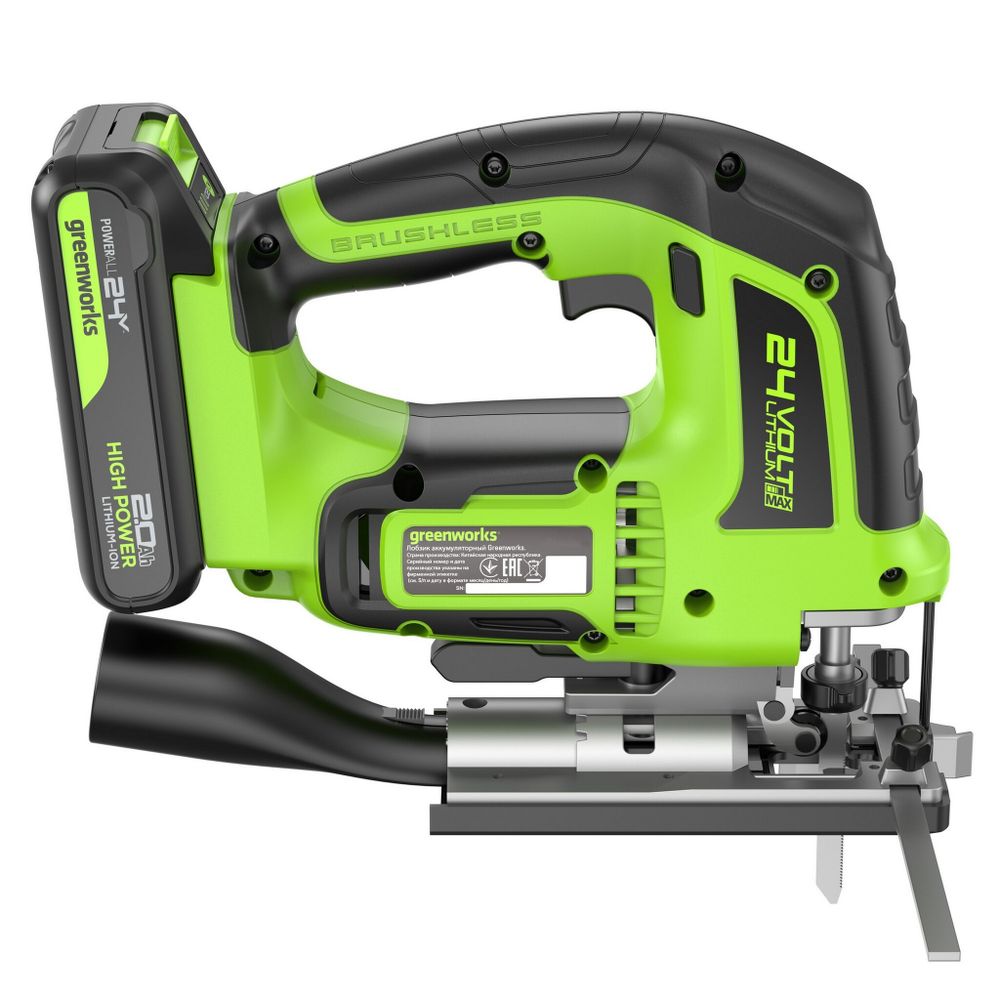 Лобзик акк. Greenworks GD24JS120, 24V, б/щет, 120 мм, 0-3500/мин, 4-ст.маятник, алю.подошва,LED,1х2Ач,ЗУ,кор (3601407CUA)