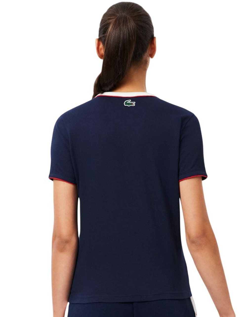 Женская теннисная футболка Lacoste Ultra Dry Tennis Heritage Badge - navy blue/white