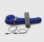 Синий безремневой страпон Multi Orgasm Bendable Strap-On size L с клиторальной стимуляцией