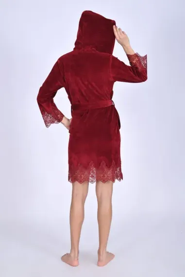 Халат женский велюровый с кружевом 0483 бордо NUSA Турция