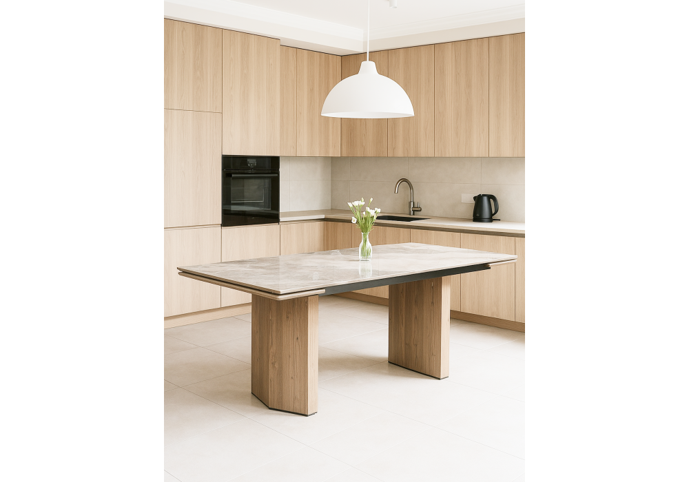 Керамический стол Woodville Монерон 200x100 brecha crema elegance, дуб монтана