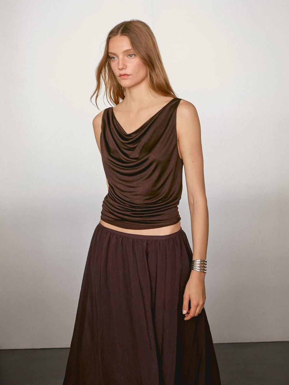 Massimo Dutti Юбка миди свободного кроя с плиссировкой, бургундский