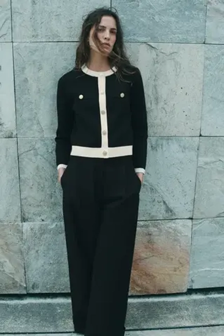 ZARA КАРДИГАН С ЗОЛОТИСТЫМИ ПУГОВИЦАМИ, ЧЕРНЫЙ/ЭКРЮ