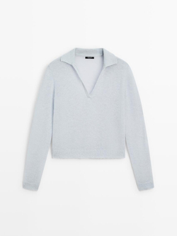 Massimo Dutti Трикотажный свитер из смесовой альпаки с воротником поло, небесно-голубой