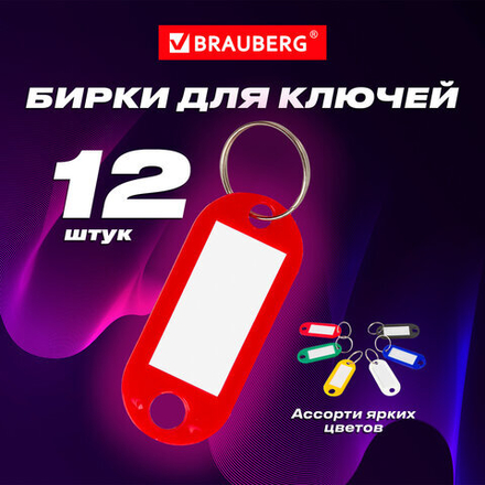 Бирки для ключей КОМПЛЕКТ 12 шт., длина 50 мм, инфо-окно 30×15 мм, АССОРТИ, BRAUBERG, 231151