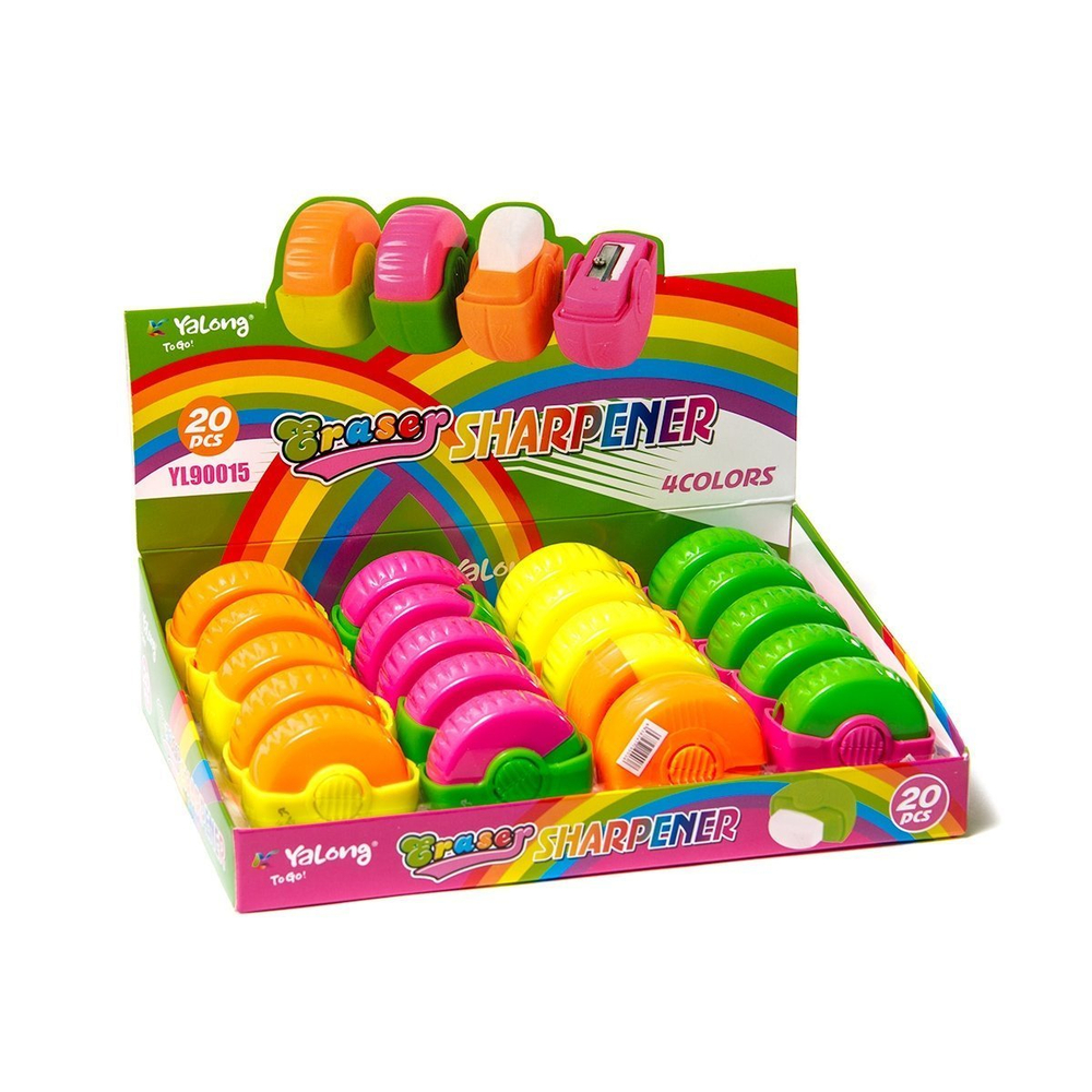 Точилка пластиковая с ластиком Yalong, 1 отверстие, контейнер, ассорти, картонная упаковка