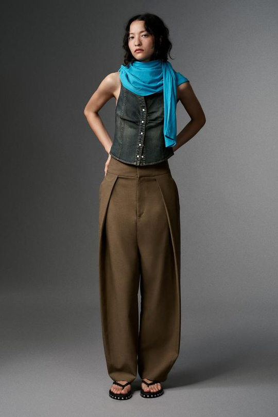 ZARA БРЮКИ BALLOON С ЗАЩИПАМИ, КОРИЧНЕВЫЙ МЕЛАНЖ