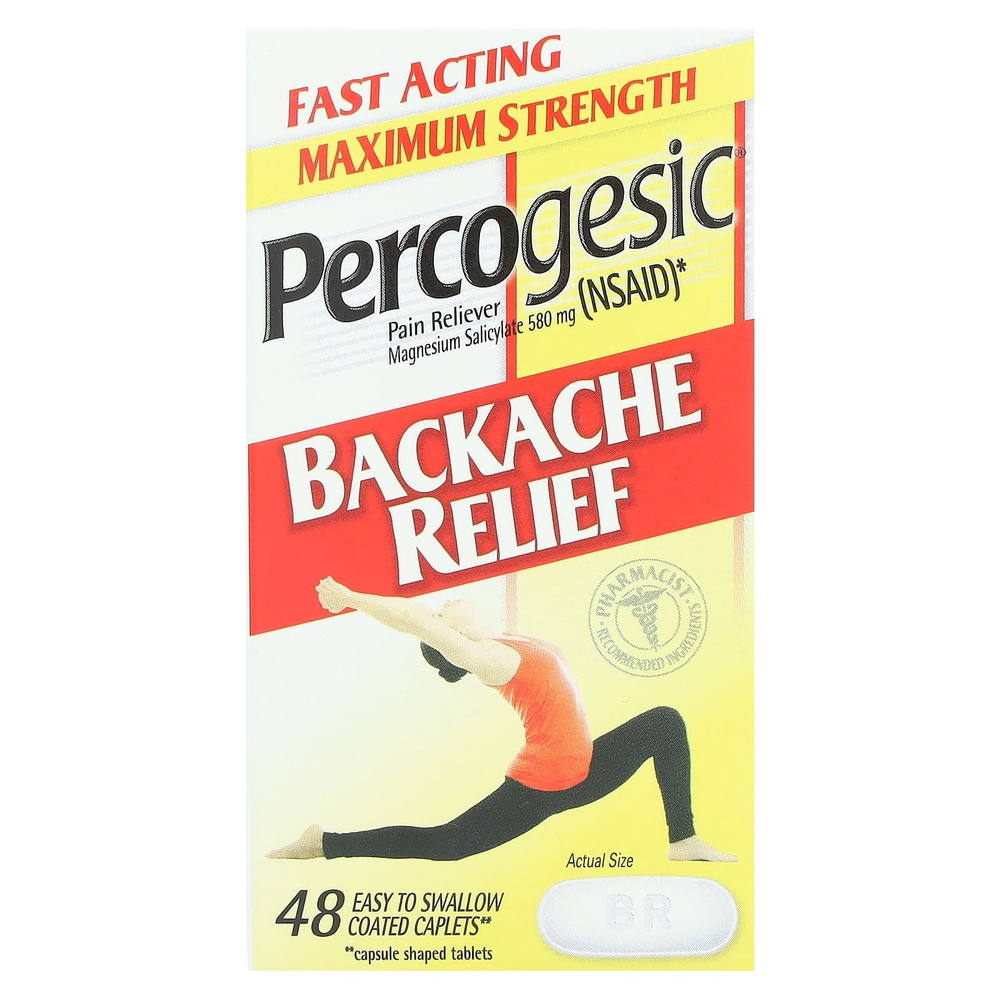 Percogesic, Обезболивающее для спины, максимальная эффективность, 580 мг, 48 капсул, покрытых оболочкой, которые легко глотать