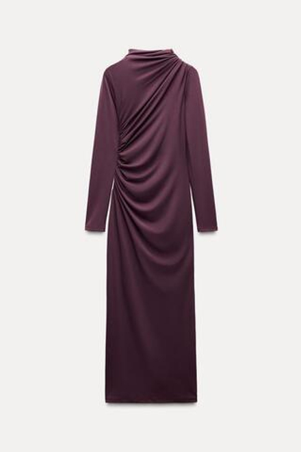 ZARA ПЛАТЬЕ МИДИ СО СБОРКОЙ, ГРАНАТОВЫЙ