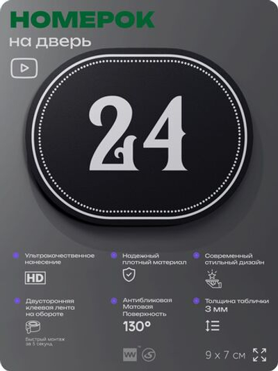 Номерок на дверь квартиры 24, для кабинета, офиса, шильдик 9 х 7 см, черный, Айдентика Технолоджи