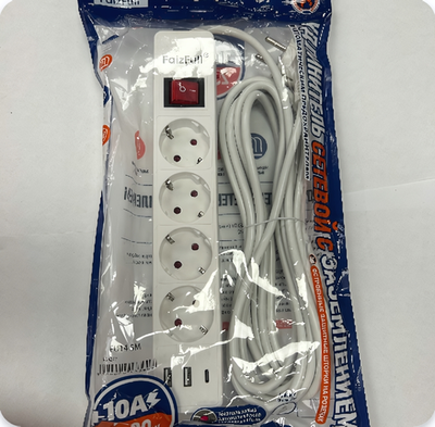 Фильтр сетевой FaizFull FU14, 240V/10A 4 розетки, Type-C+2xUSB, 2м White