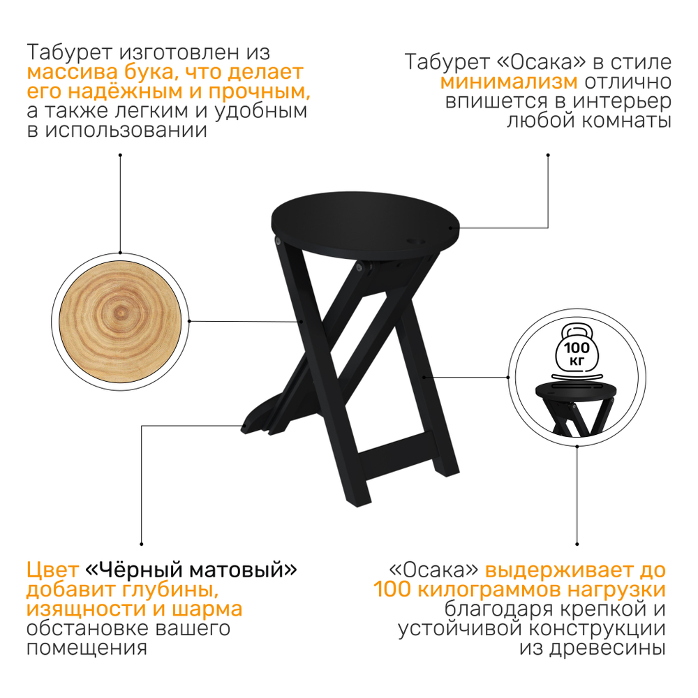 Табурет деревянный ОСАКА 1, цвет черный матовый