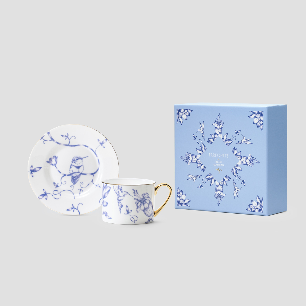Чайная пара Farforite «Белая / Лазурный сад / Blue Garden» 250 мл в подарочной коробке
