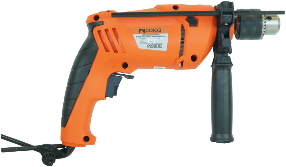 Ударная дрель СОЮЗ ДУС-2190, 900 Вт, без аккумулятора синий