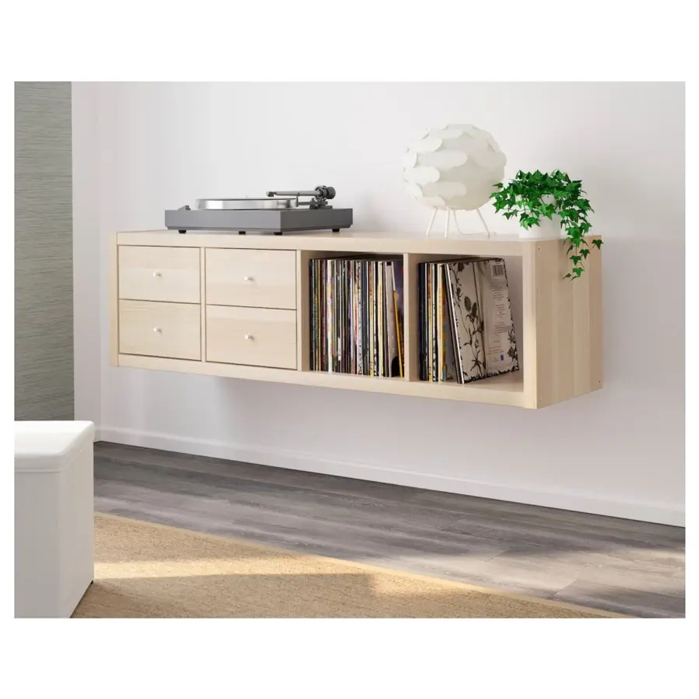 Стеллаж 4 ячейки с ящиками - IKEA KALLAX, 42х147 см, под беленый дуб, КАЛЛАКС ИКЕА