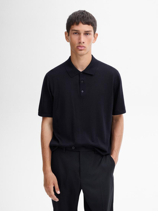 Massimo Dutti Поло из смесовой шерсти с воротником поло и короткими рукавами, темно-синий