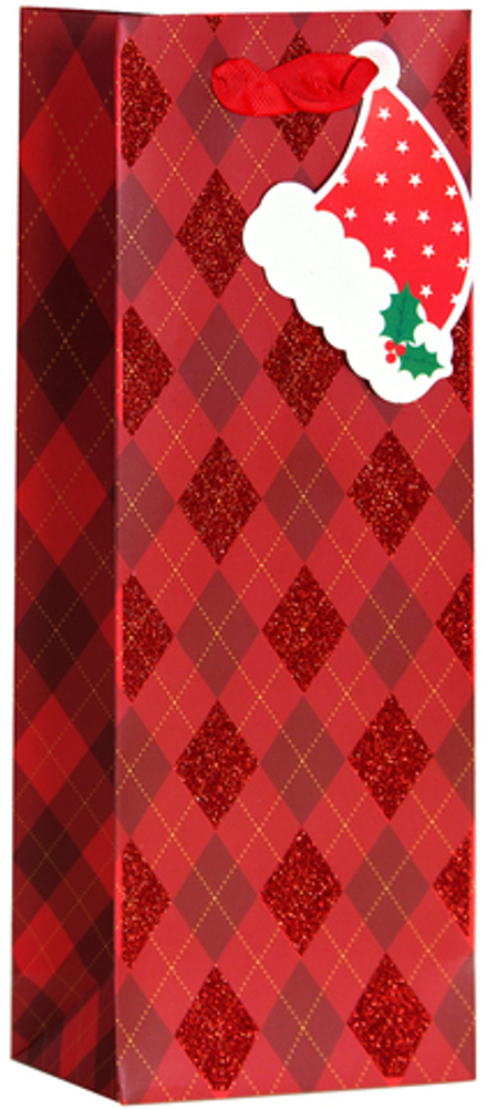 Пакет подарочный для вина, Новогодний в клетку, Дизайн №2, Красный, с блестками, 34,5*12,5*10 см, 1