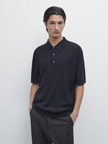 Massimo Dutti Трикотажный свитер-поло из мериносовой шерсти, темно-синий