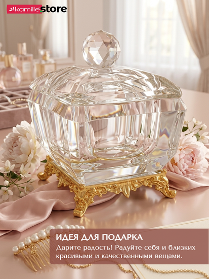 Сахарница граненая из хрустального стекла с крышкой, на золотистой ножке, 200 мл.