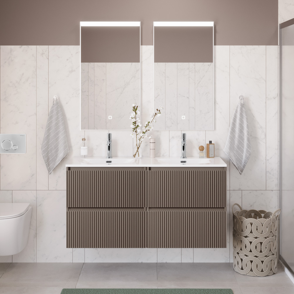 Тумба с раковиной подвесная BelBagno UNO-1200-4C-SO-СO Бежевый матовый, раковина белая BB-8099-120-2 с 2-я чашами
